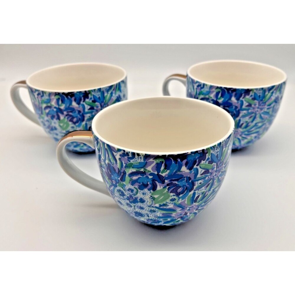 Lilly Pulitzer Coffee Mug Tea Cup Set of 3 Blue Green Floral with Gold Trim 12oz